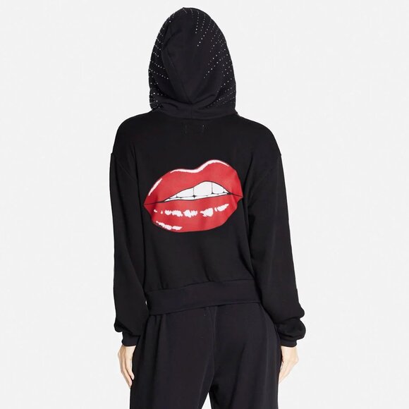 Lauren Moshi Read My Lips Full Zip Up Hoodie Black Red Pockets Women's Size M - Picture 8 of 9